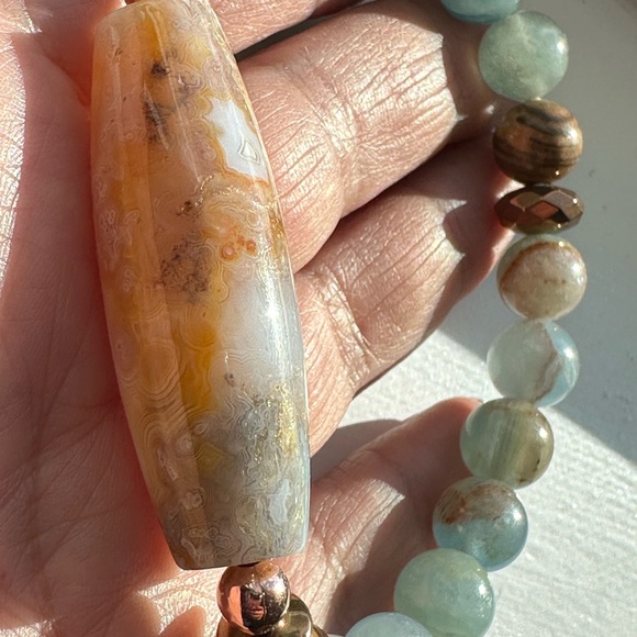 LEMURIAN AQUATINE + OCEAN JASPER NATURAL STONES BRACELET size 8” - Picture 8 of 9